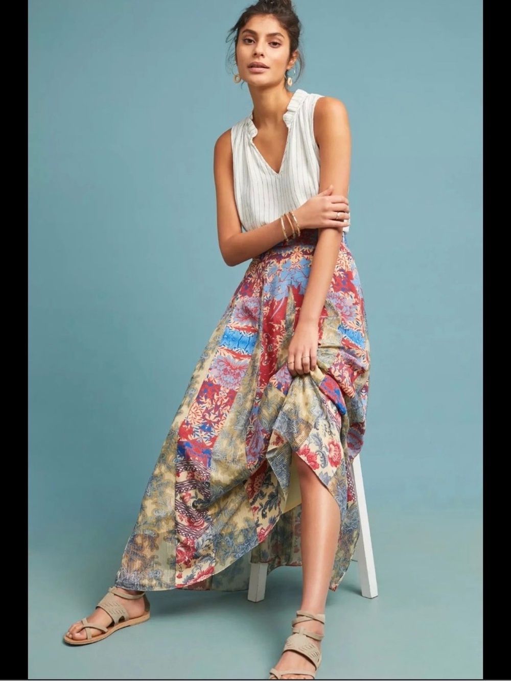 HEMANT & NANDITA Floral Patchwork Maxi Skirt in Red, Blue & Cream